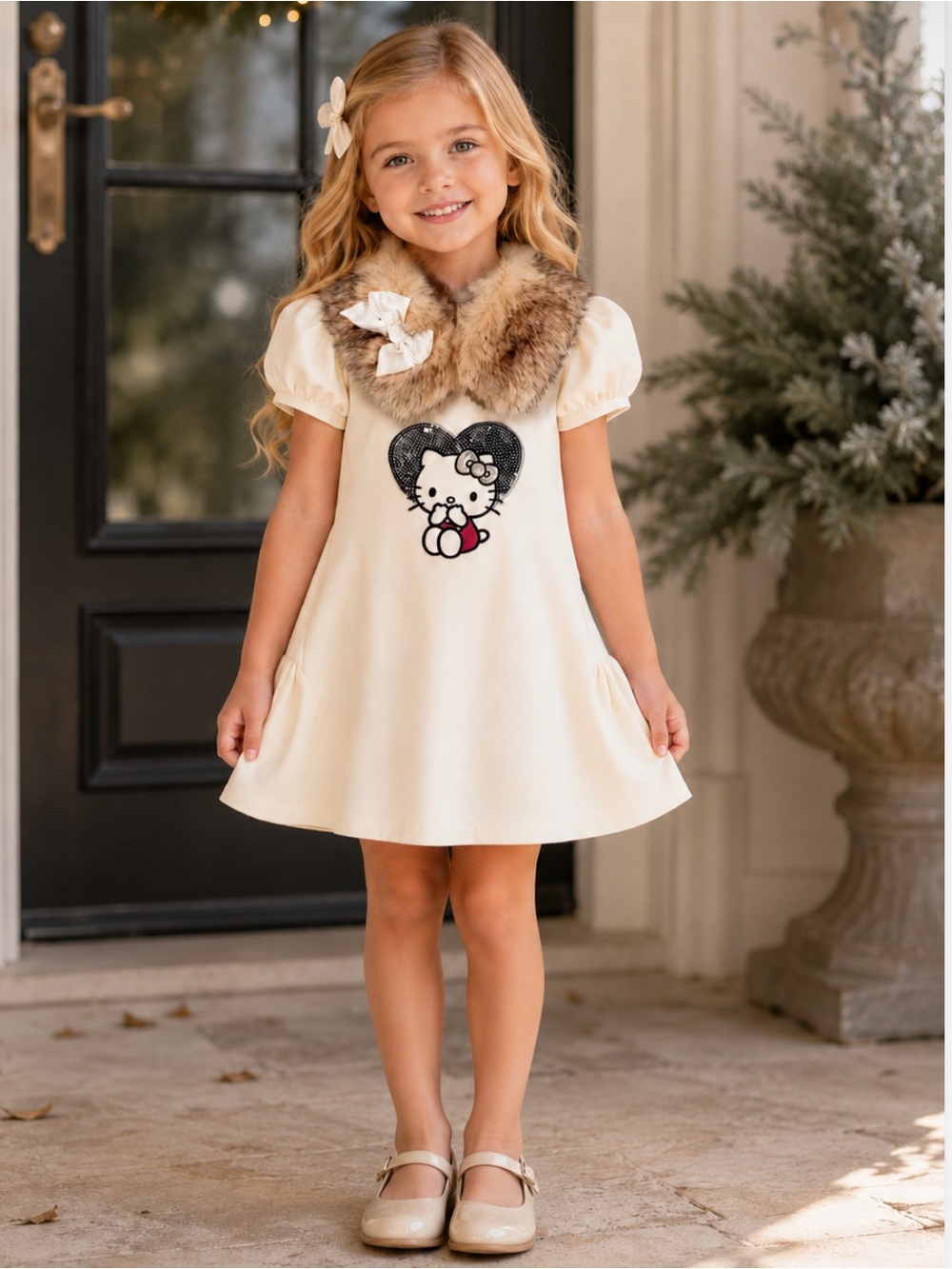 NWT Kate Mack x Hello‎ Kitty Round Neck Dress with Faux Fur Removable Collar